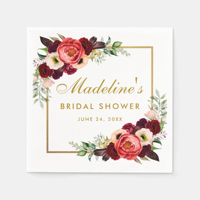 Burgundy Blommigt Guld Boho Möhippa Pappersservett (Framsidan)