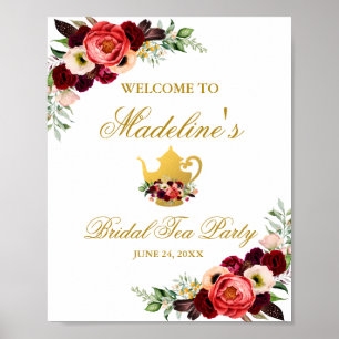 Burgundy Blommigt Guld Boho Möhippa Tea Party Välk Poster