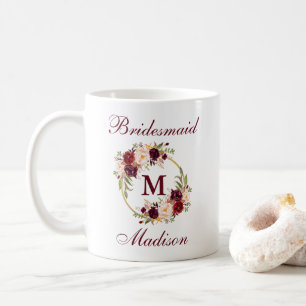 Burgundy Blommigt Guld Circle Monogram Bridesmaid Kaffemugg