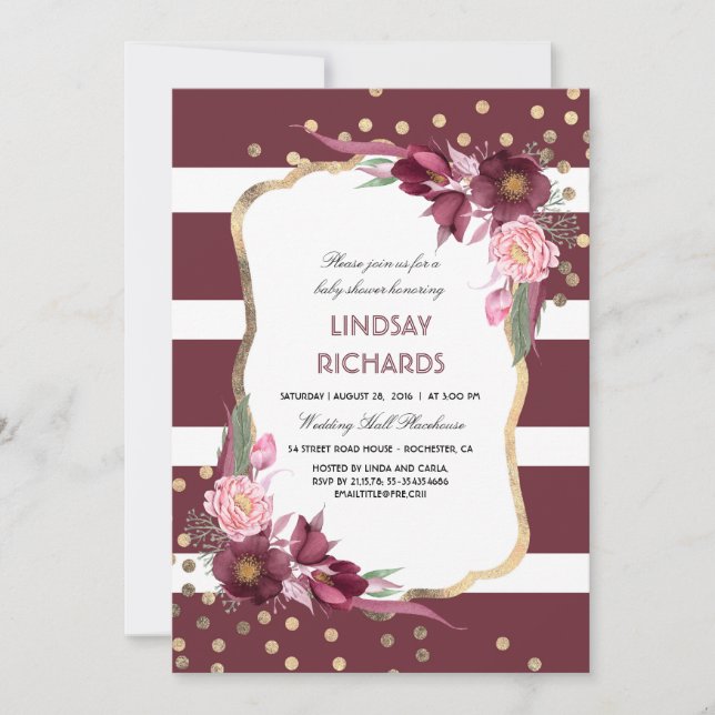 Burgundy Blommigt Guld Confetti Chic Baby Shower Inbjudningar (Framsida)
