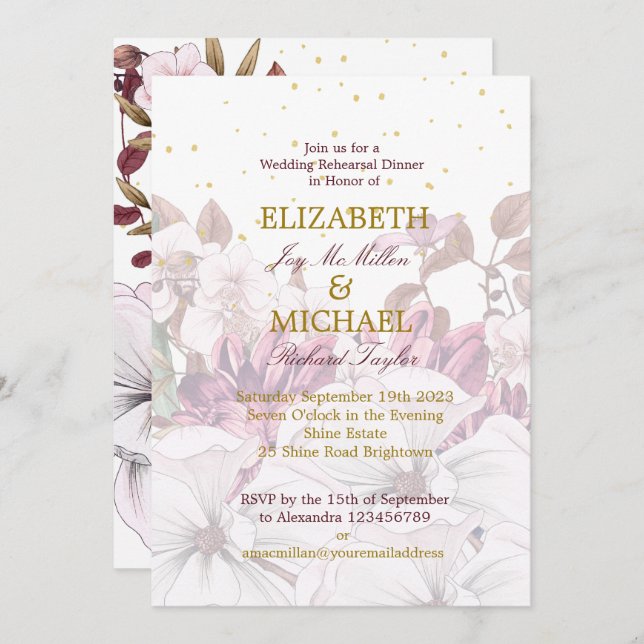 Burgundy  Blommigt Guld Elegant Chic Bröllop Inbjudningar (Fram/baksida)