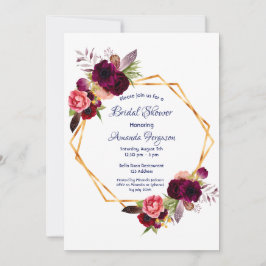 Burgundy blommigt guld geometric boho möhippa inbjudningar