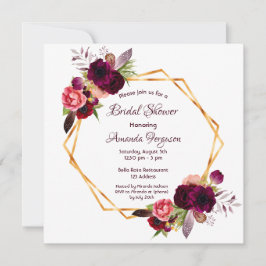 Burgundy blommigt guld geometric boho möhippa inbjudningar