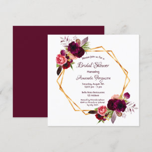 Burgundy blommigt guld geometric boho möhippa inbjudningar
