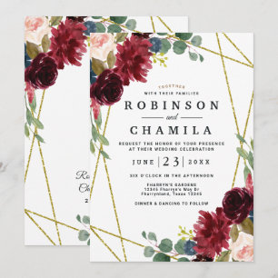 Burgundy Blommigt Guld Geometric Greenery Bröllop Inbjudningar