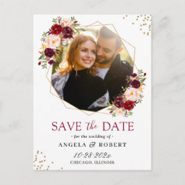 Burgundy  Blommigt Guld Geometric Save Date Vykort