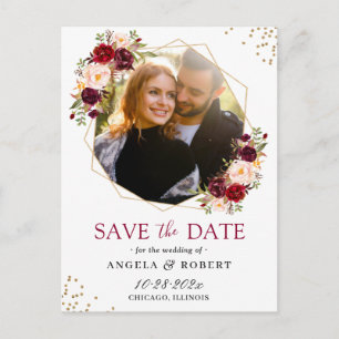 Burgundy Blommigt Guld Geometric Save Date Vykort