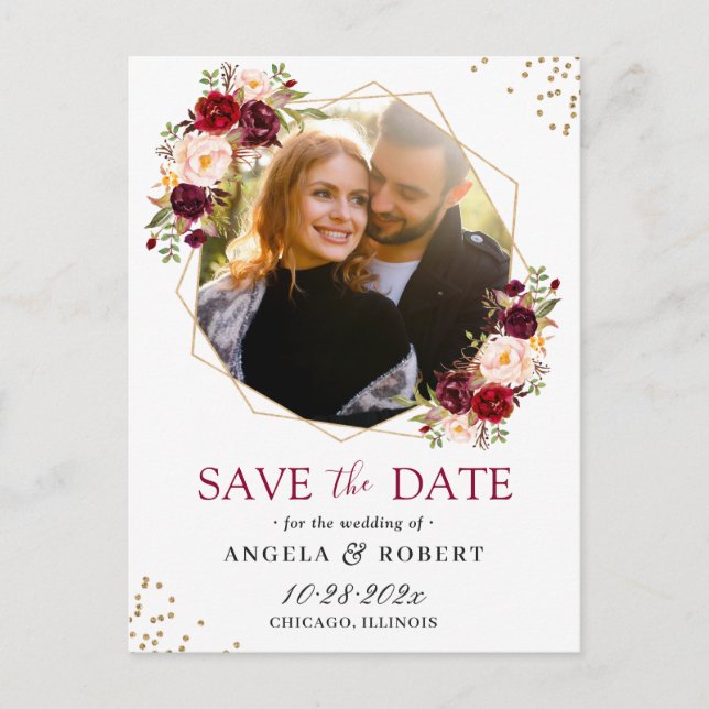 Burgundy  Blommigt Guld Geometric Save Date Vykort (Framsida)