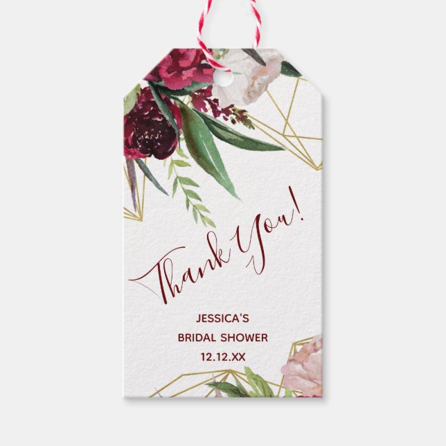 Burgundy Blommigt Guld Geometric Tack Presentetikett (Framsidan)