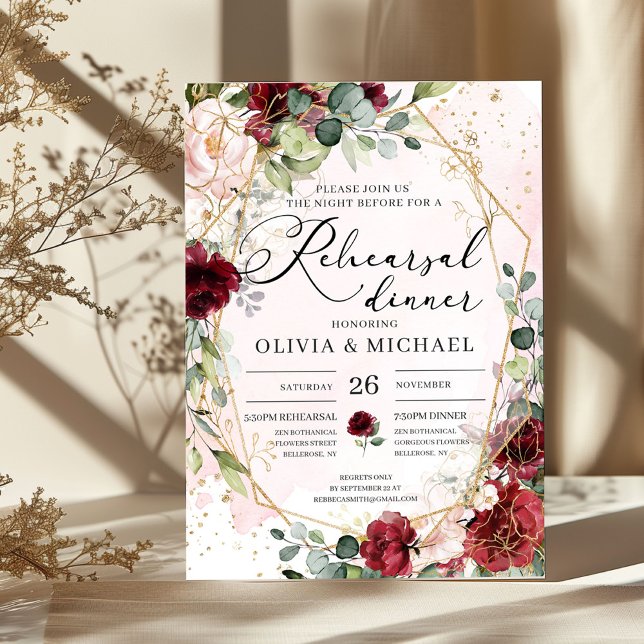 Burgundy blommigt guld geometrisk repetitionsmidda inbjudningar (Watercolor blush and burgundy roses eucalyptus and gold frame wedding rehearsal dinner invitation)