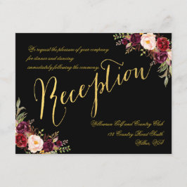 Burgundy Blommigt Guld Glam Black Wedding Receptio Tilläggskort