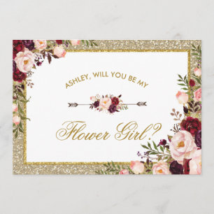 Burgundy  Blommigt Guld Glitter Flower Girl Inbjudningar