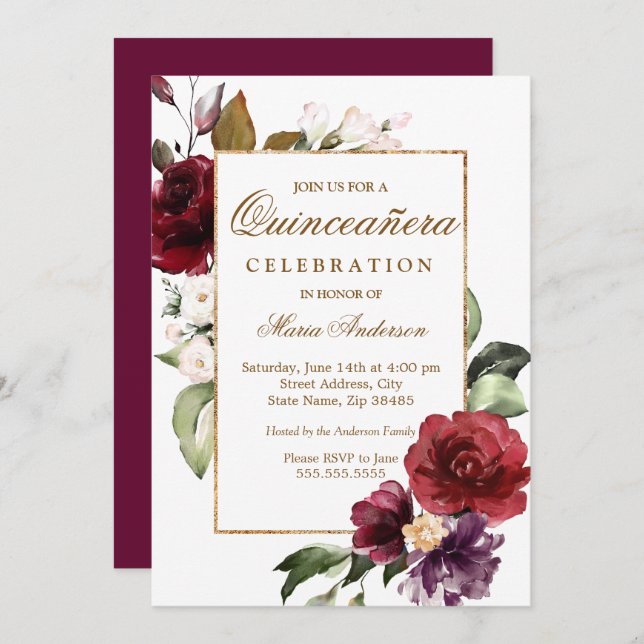 Burgundy Blommigt Guld Gräns Quinceanera Party Inbjudningar (Fram/baksida)