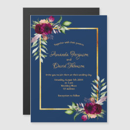 Burgundy blommigt guld greenery boho blue bröllop magnetisk inbjudningskort