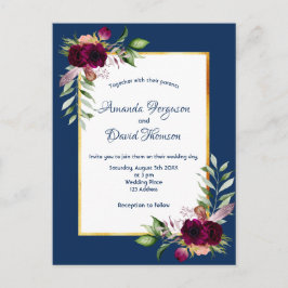 Burgundy blommigt guld greenery boho blue bröllop vykort