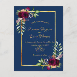 Burgundy blommigt guld greenery boho blue bröllop vykort