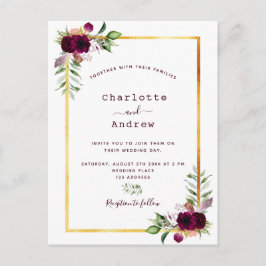 Burgundy blommigt guld greenery boho bröllop vykort