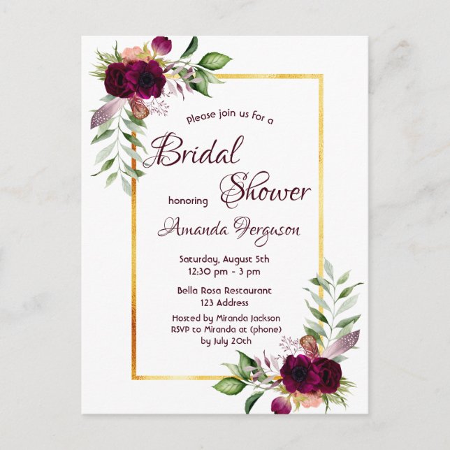 Burgundy blommigt guld greenery boho möhippa vykort (Framsida)