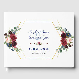 Burgundy Blommigt Guld Hexagon Ram Bröllop Gästböcker