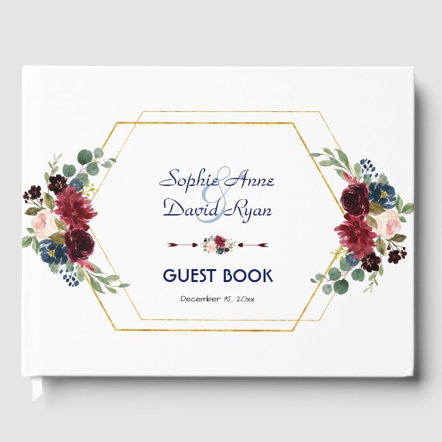 Burgundy Blommigt Guld Hexagon Ram Bröllop Gästböcker (Framsida)