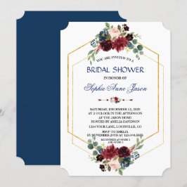 Burgundy Blommigt Guld Hexagon Ram Möhippa Inbjudningar