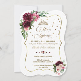 Burgundy  Blommigt Guld Mis Quince Quinceañera Inbjudningar