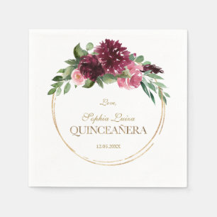 Burgundy Blommigt Guld Mis Quince Quinceañera Pappersservett