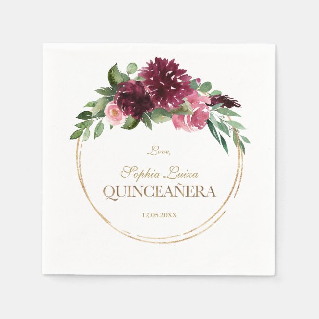 Burgundy  Blommigt Guld Mis Quince Quinceañera Pappersservett (Framsidan)