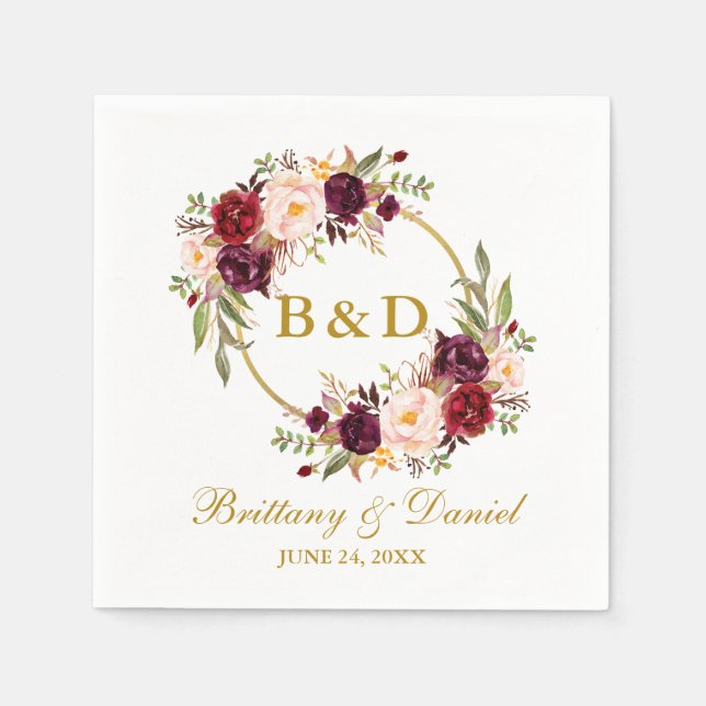 Burgundy Blommigt Guld Monogram Bröllop Pappersservett (Framsidan)