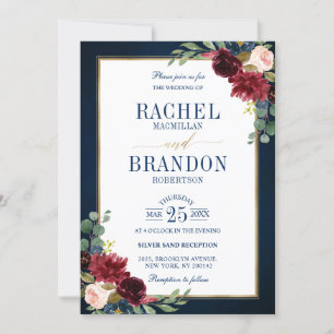Burgundy Blommigt Guld Navy Blue Rustic Bröllop In Inbjudningar