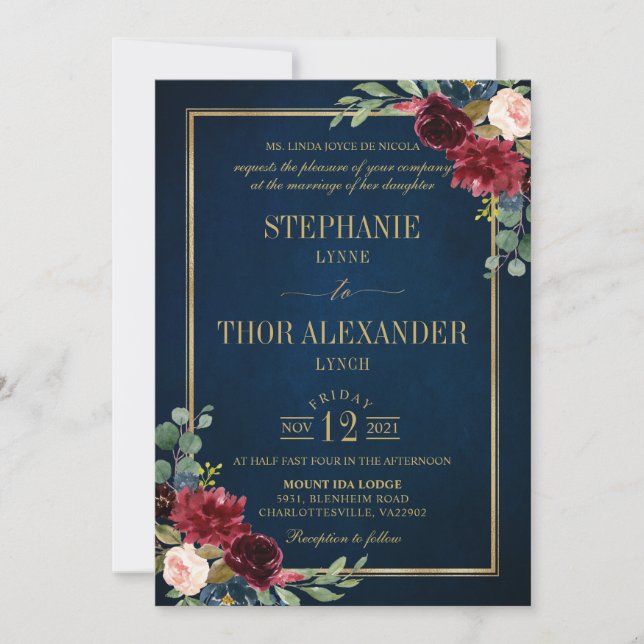 Burgundy Blommigt Guld Navy Blue Rustic Bröllop In Inbjudningar (Framsida)
