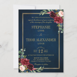 Burgundy Blommigt Guld Navy Blue Rustic Bröllop In Inbjudningar