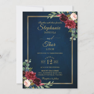 Burgundy Blommigt Guld Navy Blue Rustic Bröllop In Inbjudningar