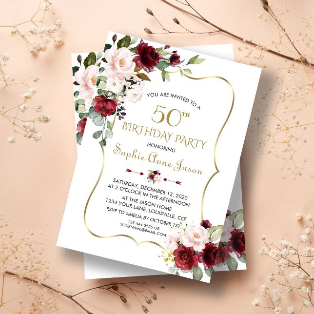 Burgundy  Blommigt Guld Ram 50:e födelsedag Inbjudningar (50th birthday, trendy 50th birthday invitation, modern gold floral birthday invite)