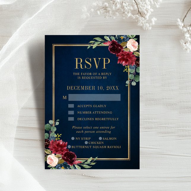 Burgundy Blommigt Guld Ram marinblå Bröllop OSA (Burgundy Floral Gold Frame Navy Blue Wedding RSVP )