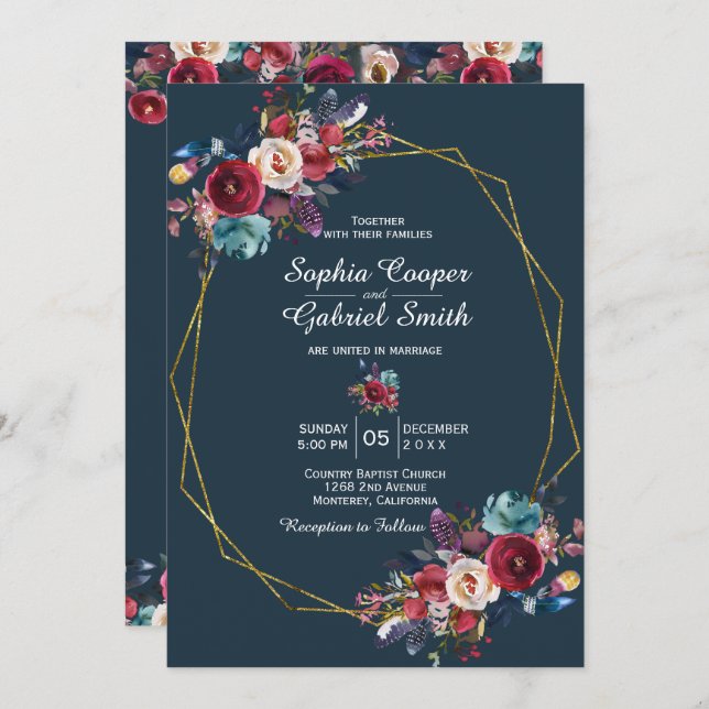 Burgundy Blommigt Guld Ram på grått Bröllop Inbjudningar (Fram/baksida)