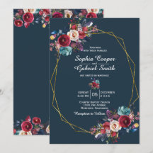 Burgundy Blommigt Guld Ram på grått Bröllop