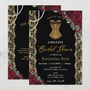 Burgundy Blommigt Guld Snöre Lingerie Möhippa Inbjudningar