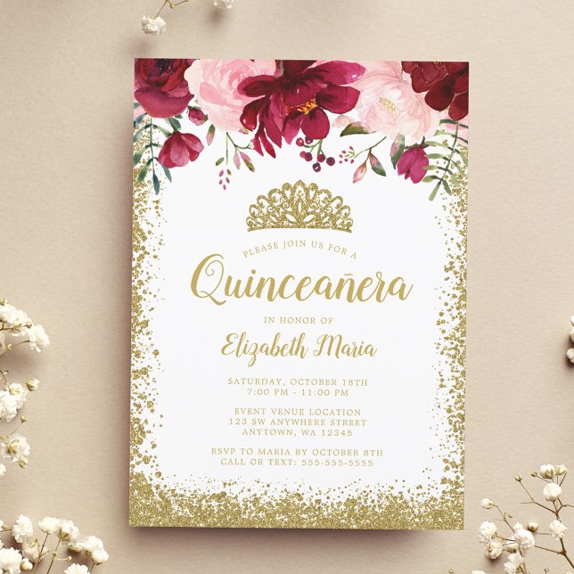  Burgundy Blommigt Guld Tiara Quinceanera Inbjudningar (Skapare uppladdad)