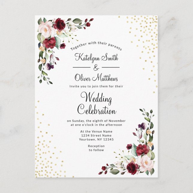 Burgundy Blommigt Guldfolie Watercolor Bröllop Inbjudan Vykort (Framsida)