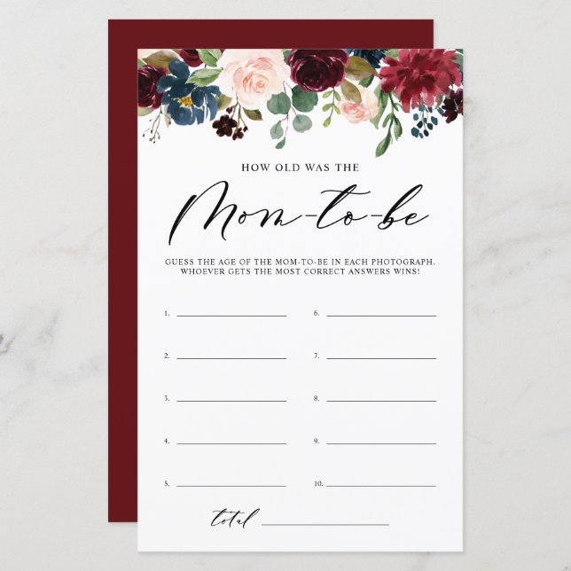 Burgundy Blommigt Hur gammal var Mamma-spelets spe (Fram/baksida)