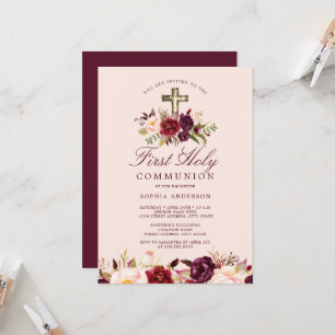 Burgundy Blommigt Kor Girls First Communion Inbjudningar