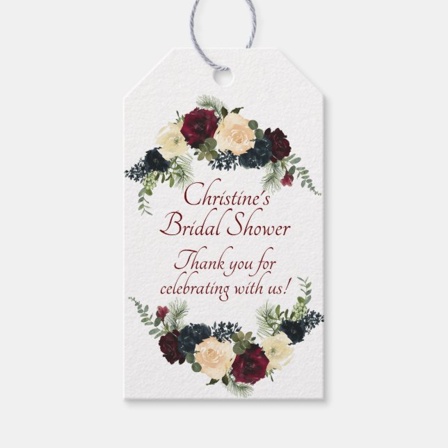 Burgundy, Blommigt Kraft - Tack Gift Märkres Presentetikett (Framsidan)