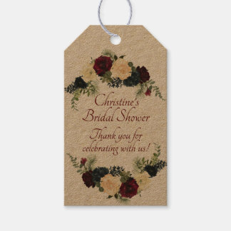 Burgundy, Blommigt Kraft - Tack Gift Märkres Presentetikett