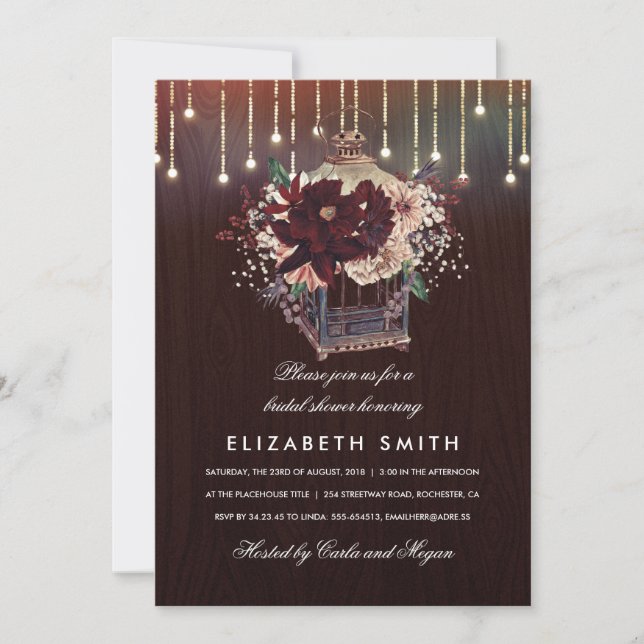 Burgundy Blommigt Lantern Rustic Fall Möhippa Inbjudningar (Framsida)