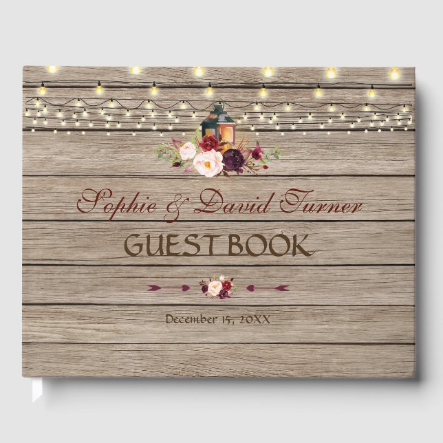 Burgundy Blommigt Lantern String Ljus Bröllop Gästböcker (Framsida)