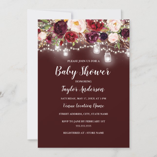 Burgundy Blommigt Ljus Baby Shower Inbjudningar (Framsida)