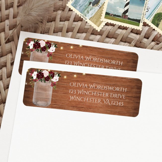 Burgundy Blommigt Ljus Mason Burk Rustic Bröllop Returadress Etikett (Skapare uppladdad)