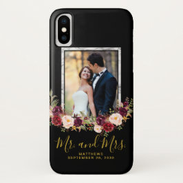 Burgundy Blommigt Marble Black Guld Bröllop Photo