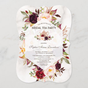 Burgundy Blommigt Marble Möhippa Tea Party Inbjudningar